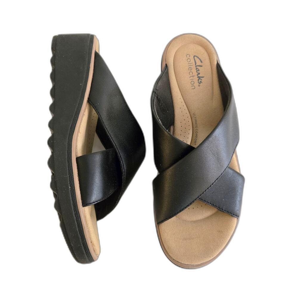 Clarks Collection Black Crossover Strap Wedge Slide Sandals US 7